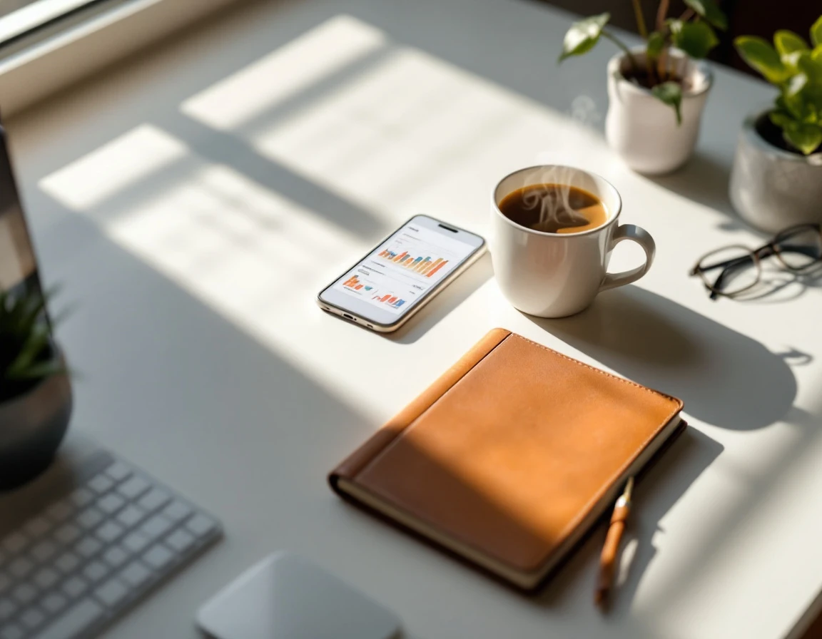 Professional workspace with smartphone, coffee, and planning materials for digital content strategy