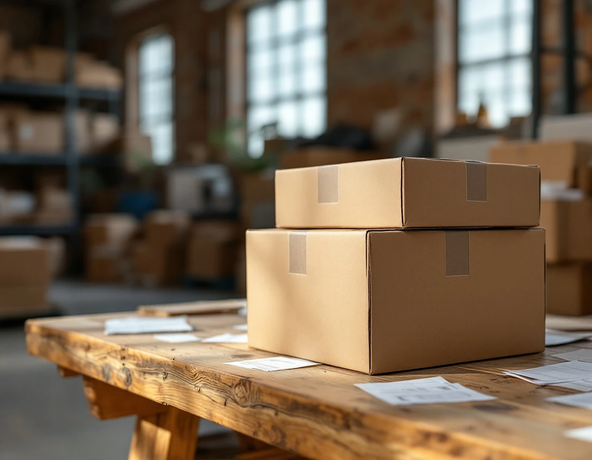 Stacked cardboard shipping boxes on wooden warehouse table showing natural wear and authentic material textures