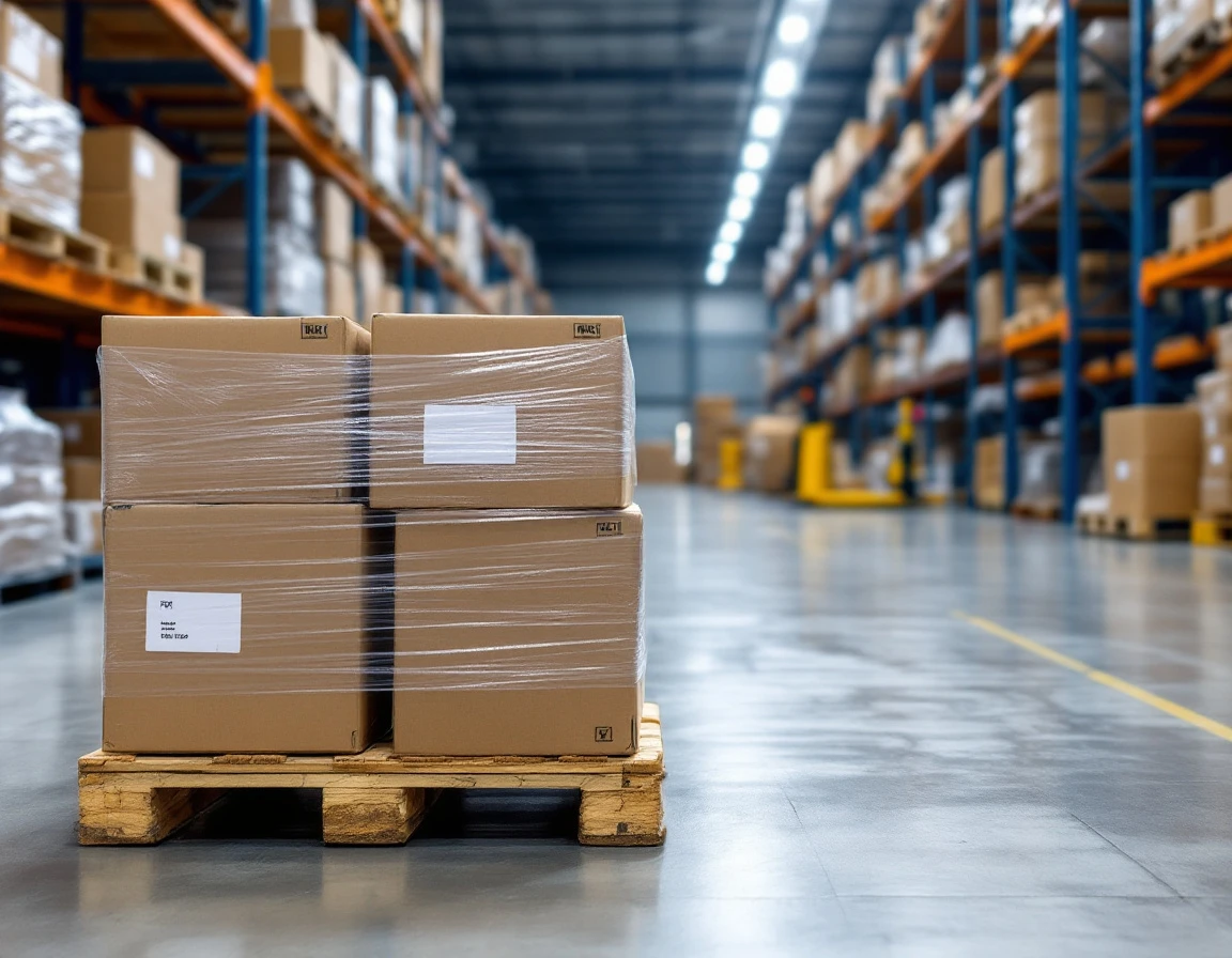 Palletized freight boxes with stretch wrap in warehouse showing mixed shipment sizes requiring classification decisions