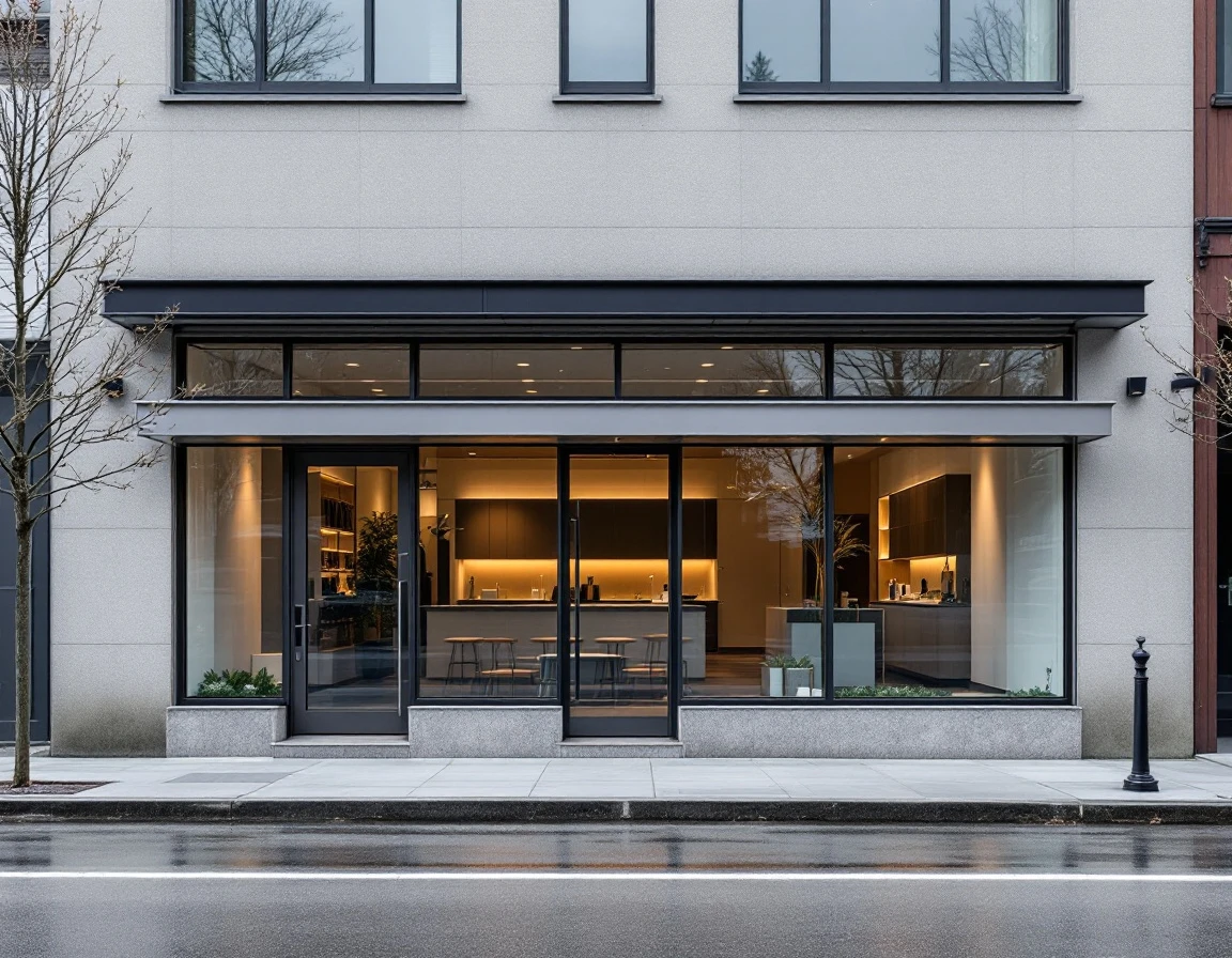 Modern commercial building facade with glass windows and clean architectural lines suitable for business services