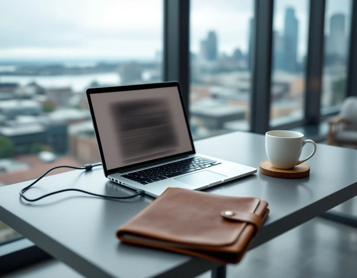 Professional workspace with laptop and documents in Pacific Northwest office overlooking urban skyline