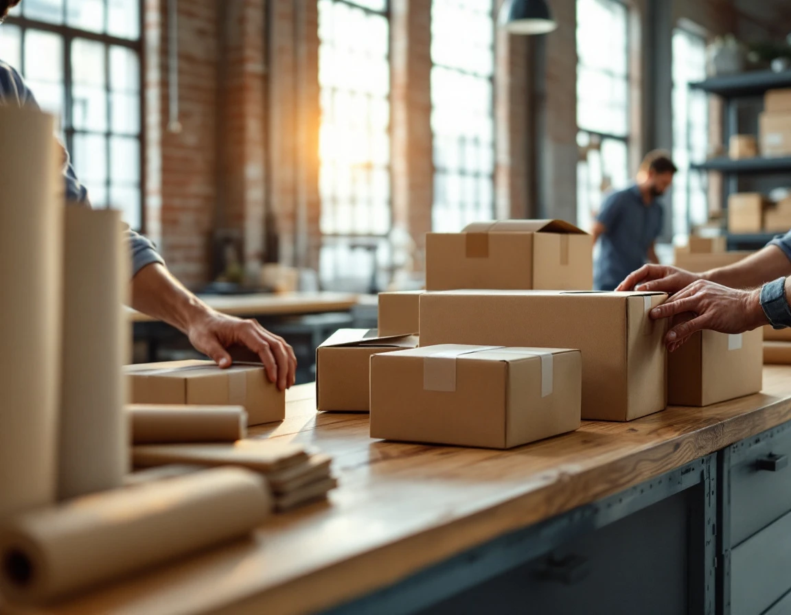 Pack-and-ship counter workspace with organized shipping materials and worker arranging parcels in industrial retail space