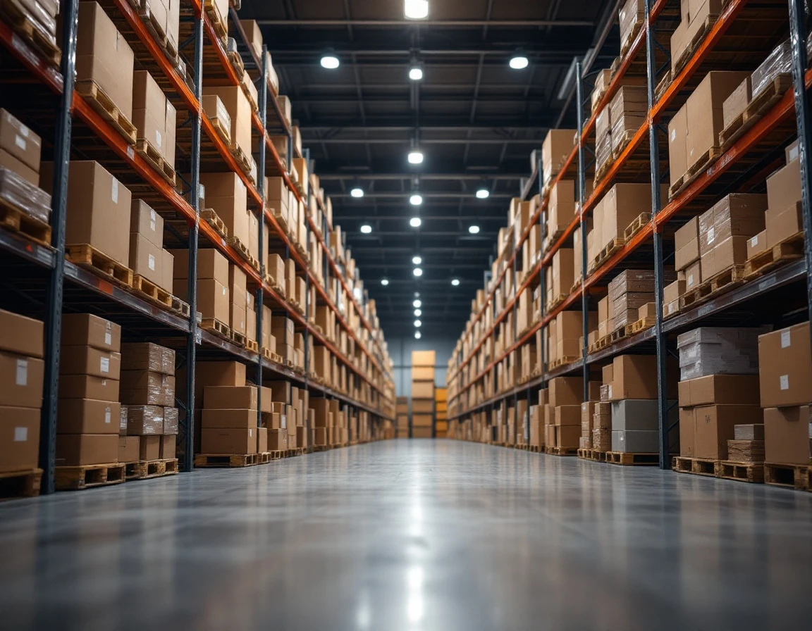 Warehouse shelving with organized shipping boxes showing professional logistics operation and inventory management