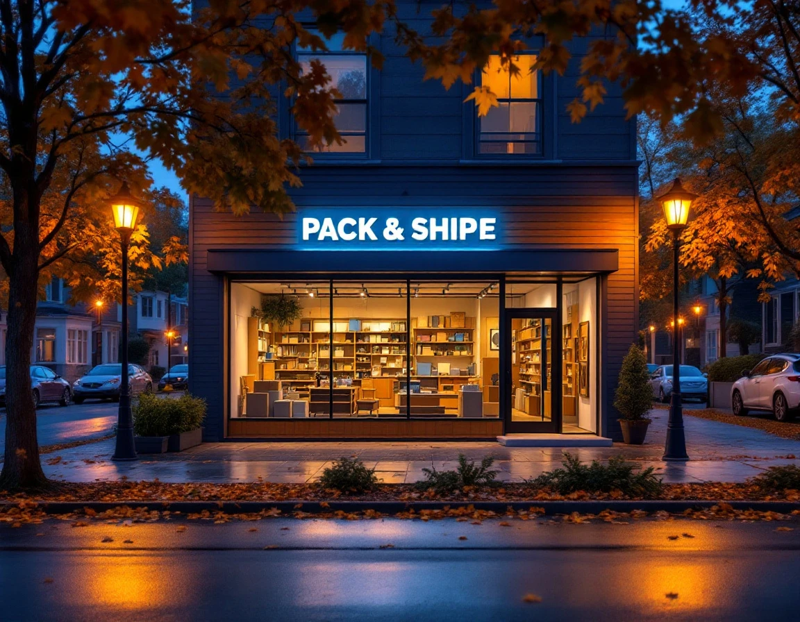 Modern shipping store on small-town street corner during autumn evening with warm lighting and wet pavement