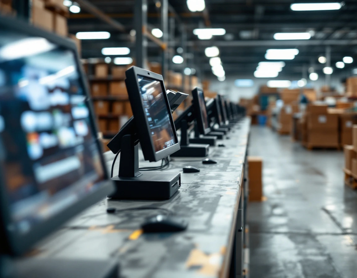 Retail warehouse POS terminals showing operational systems in authentic store environment with visible wear