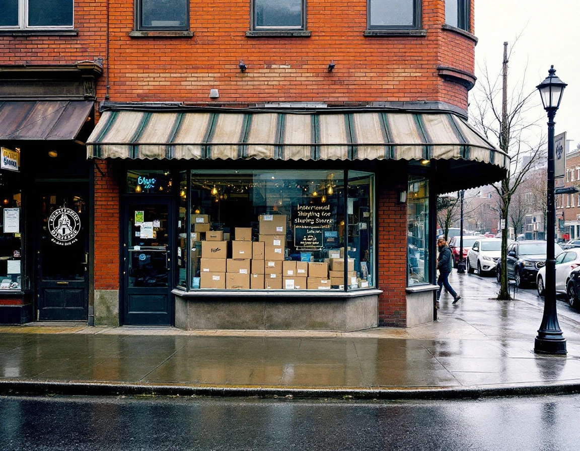 Neighborhood pack-and-ship store on a rainy morning with boxes visible through storefront windows