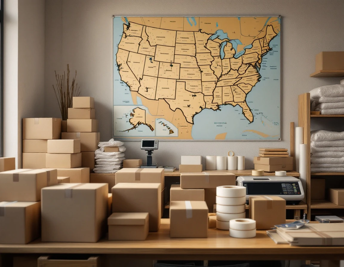 Pack-and-ship workspace with shipping boxes, packing materials, and postal zone reference map