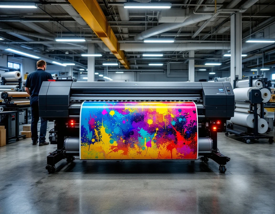 Wide-format digital printer producing color output in professional print shop facility with operator adjusting settings