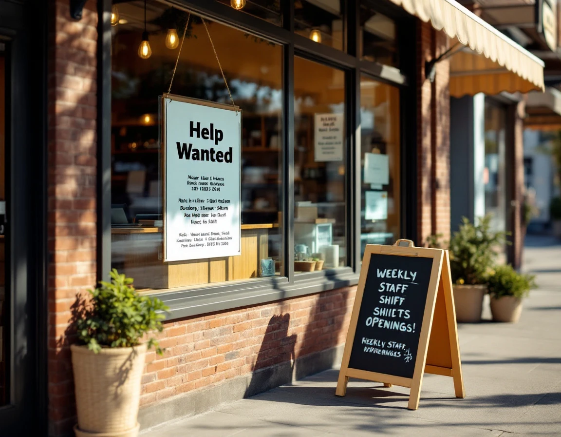 Independent retail storefront with hiring signage and staff coordination materials visible in window