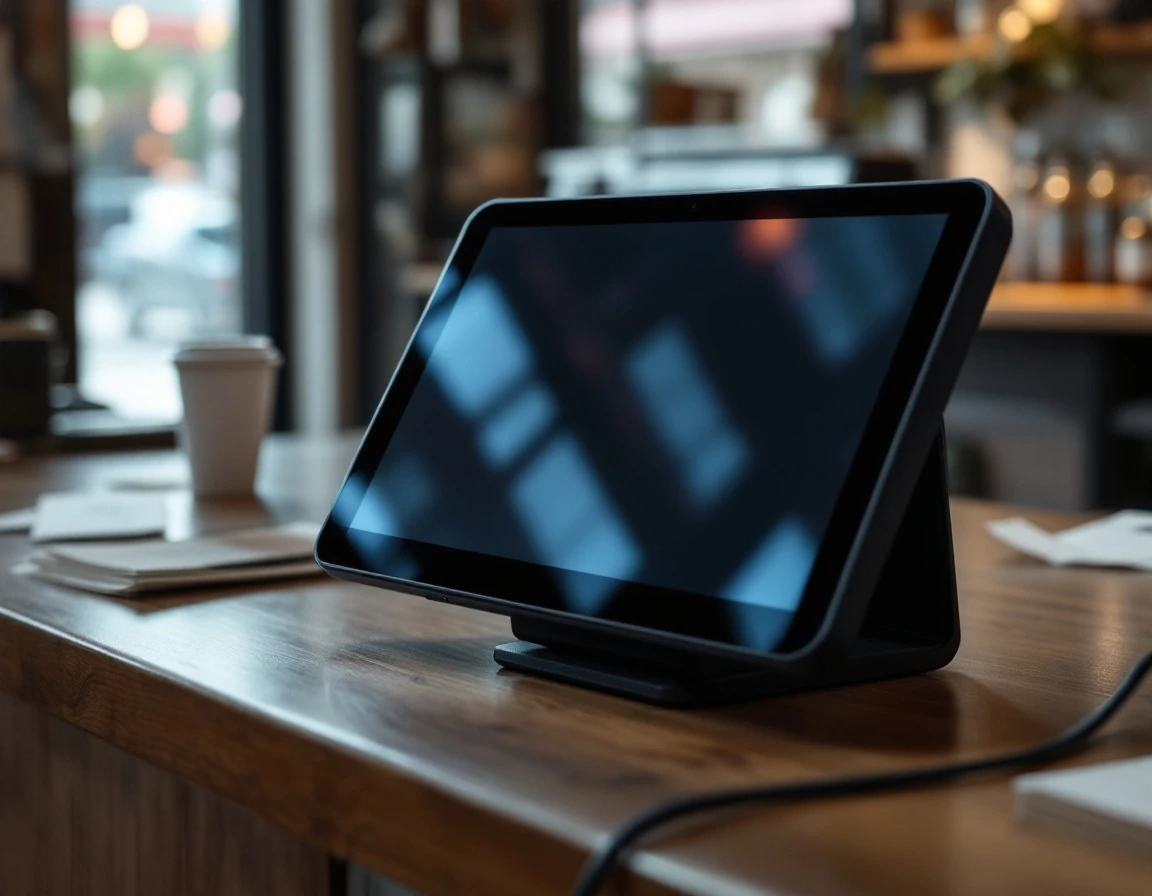 Point-of-sale tablet system on retail counter with natural lighting and authentic workspace details