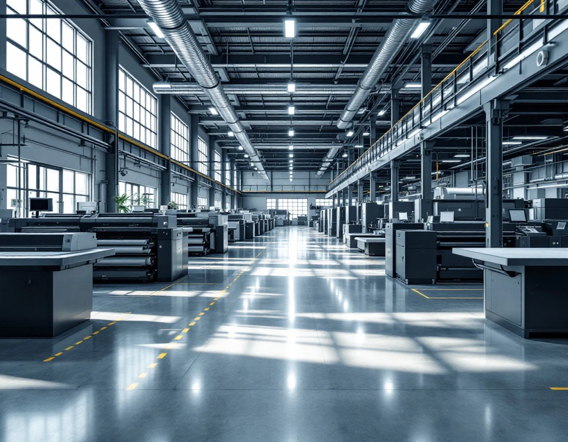 Modern print facility floor showing advanced digital printing and finishing equipment with natural industrial lighting