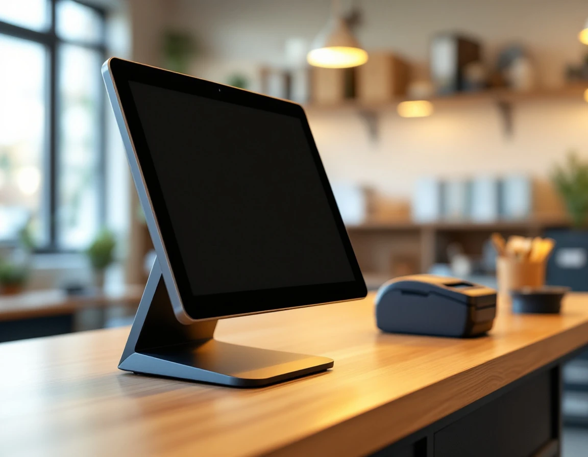 Modern POS terminal and card reader on retail service counter with professional task lighting
