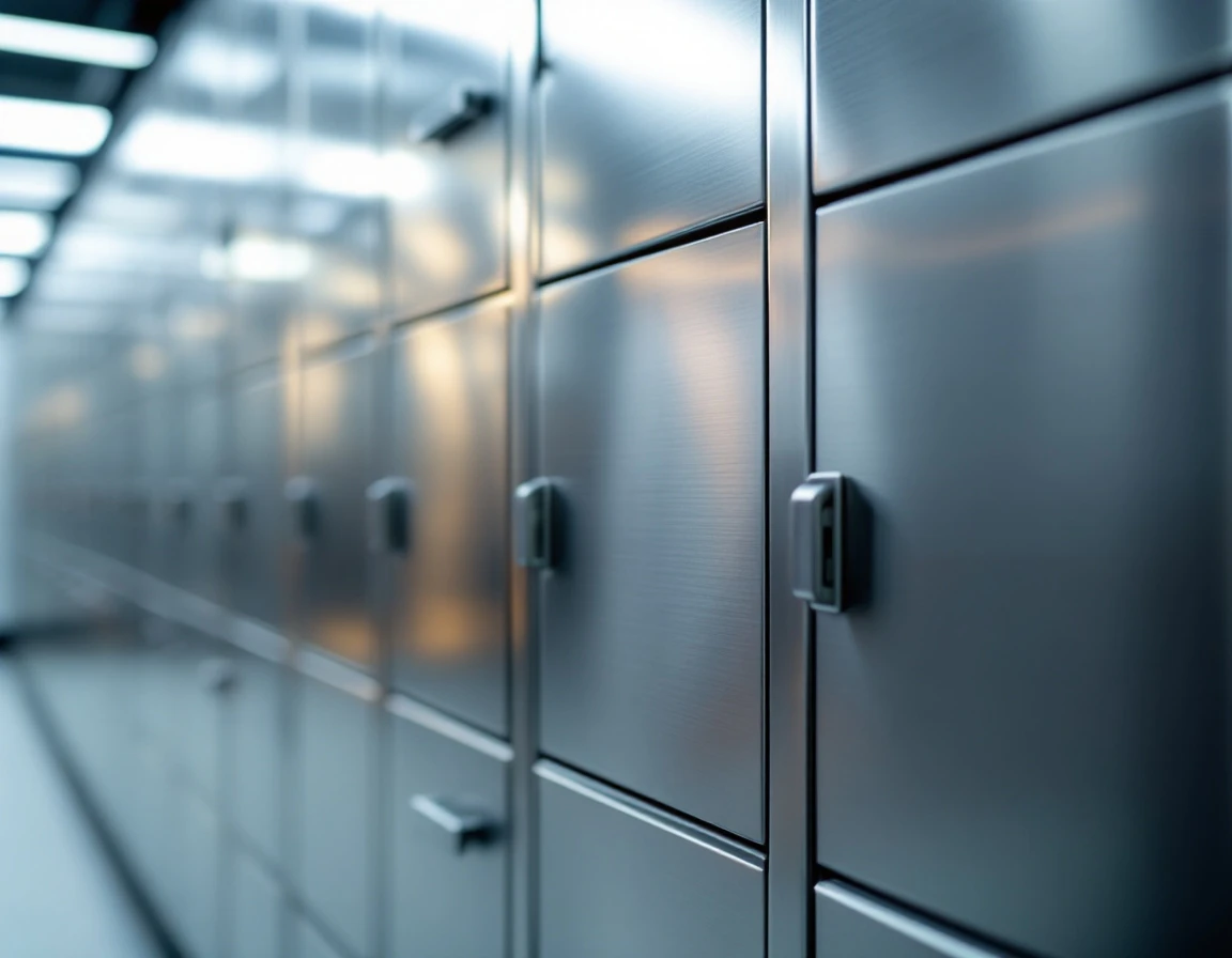 Commercial mailbox rental units with unmarked stainless steel doors in a CMRA facility