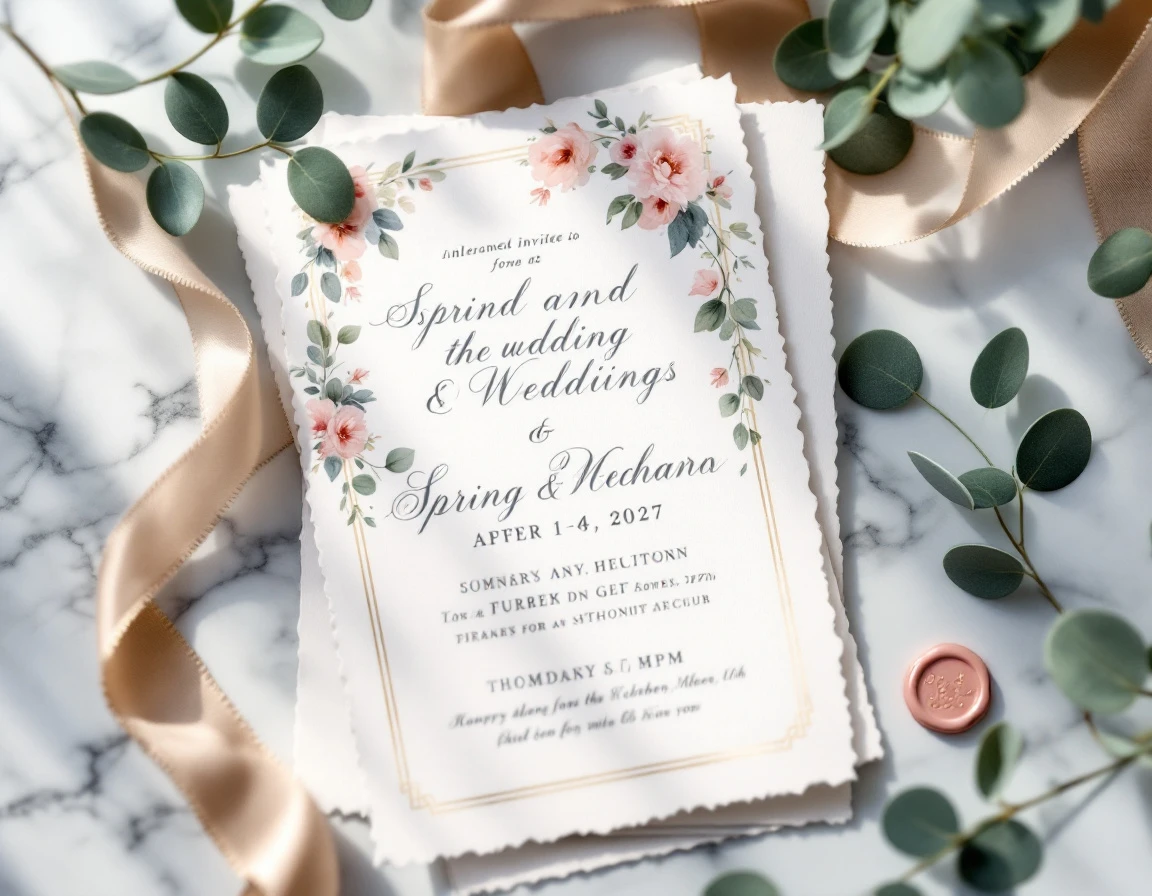 Luxury wedding invitation with gold foil calligraphy and custom design details on marble surface with eucalyptus