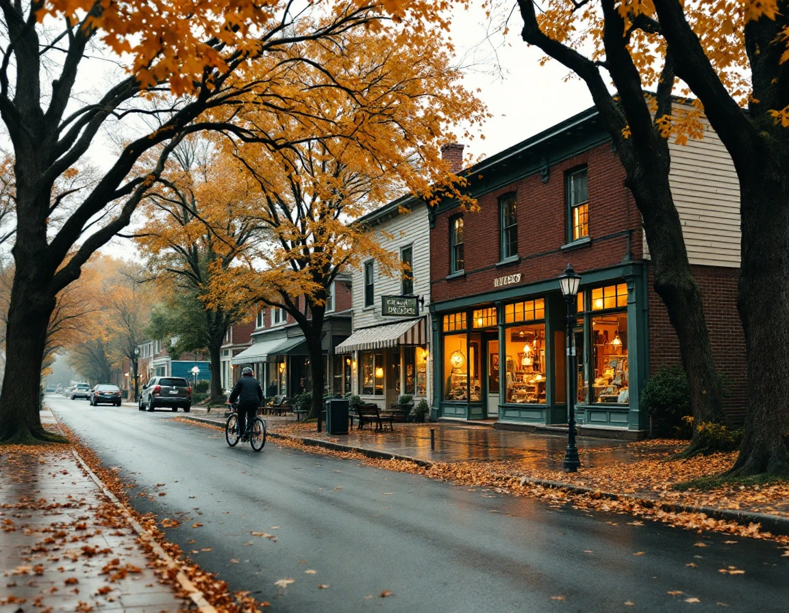 Small business storefronts on a quiet autumn street with fallen leaves and overcast lighting