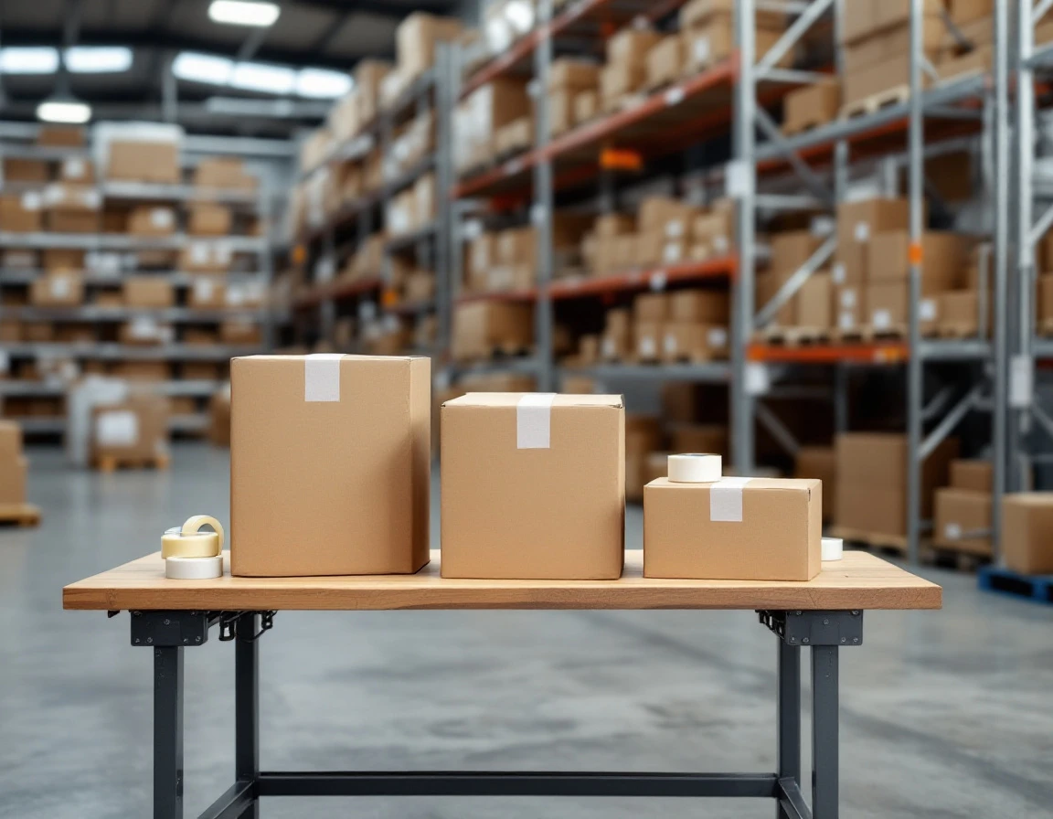 Unmarked shipping boxes on packing table in modern warehouse with industrial shelving