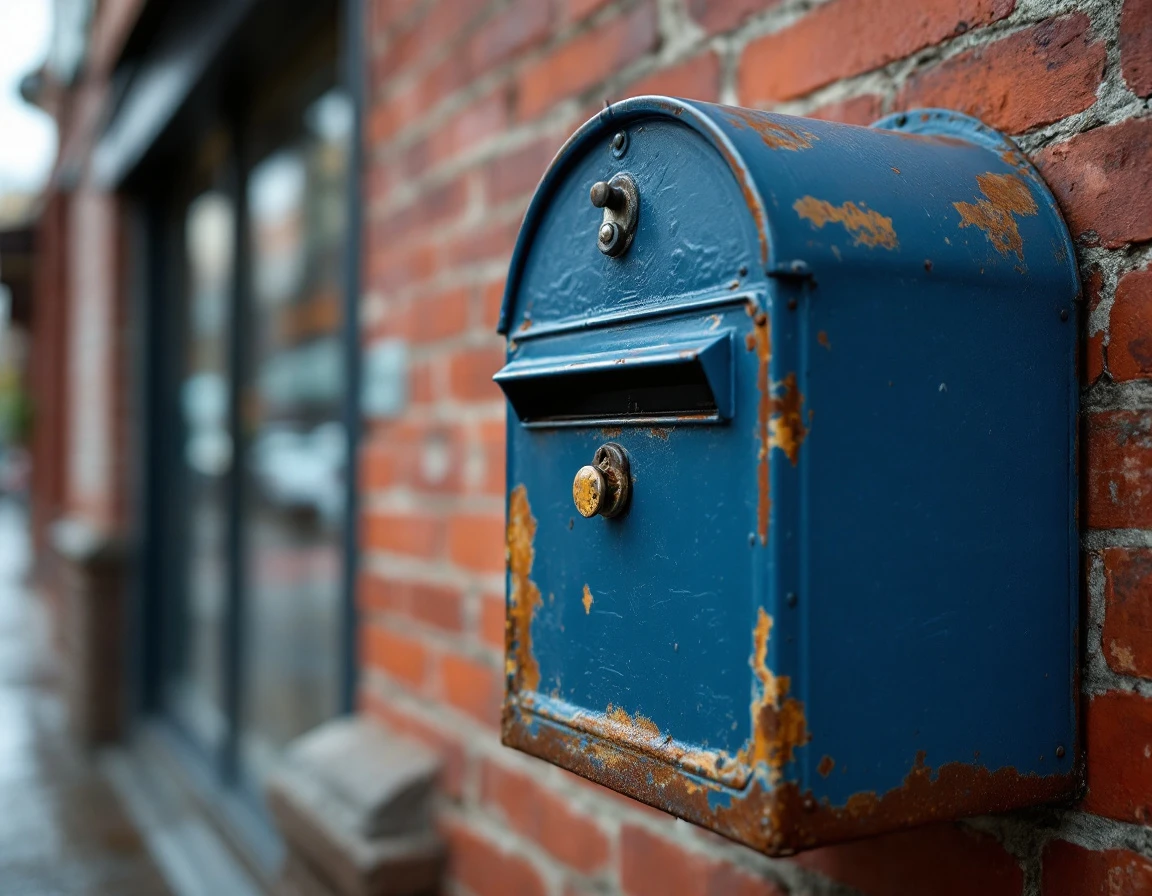 Weathered mailbox on commercial storefront showing years of use and material aging from shipping operations