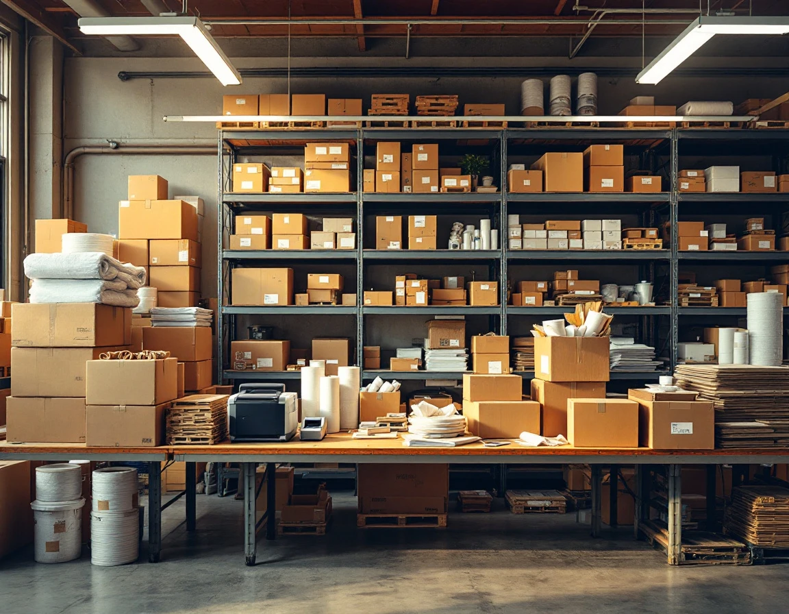 Pack-and-ship workspace with boxes, packing materials, and equipment showing operational complexity