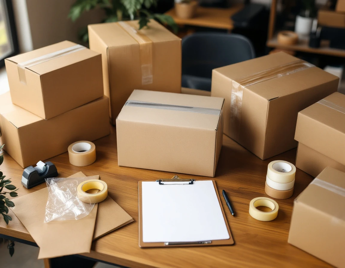 Plain cardboard boxes and packing supplies arranged on a shipping station desk with natural window lighting