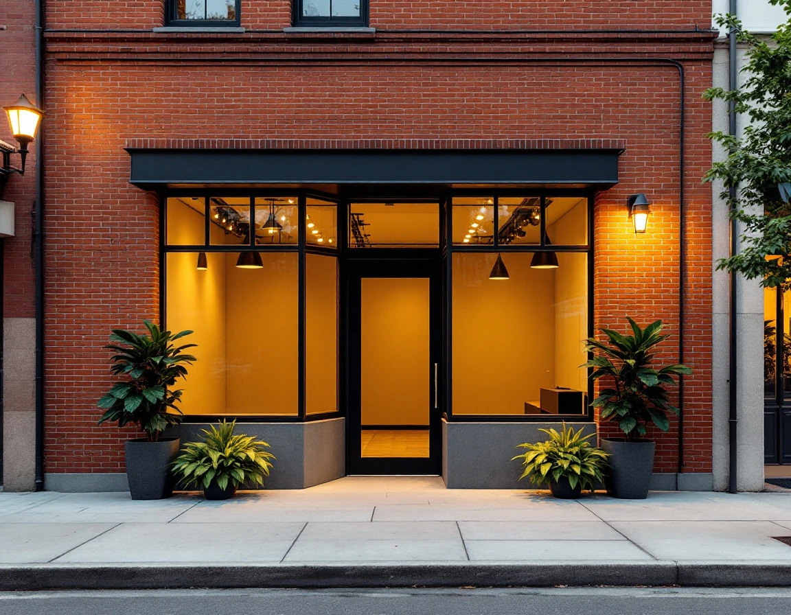 Modern brick storefront with black frame windows and potted plants at golden hour