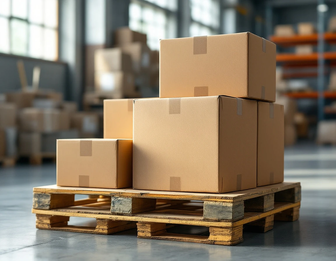 Cardboard boxes of varying sizes stacked on a freight pallet in a warehouse with natural lighting