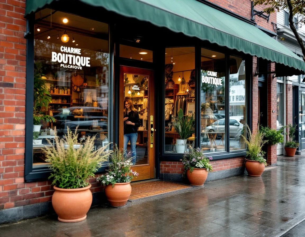Brick boutique storefront entrance with potted plants and welcoming wooden door on a quiet street