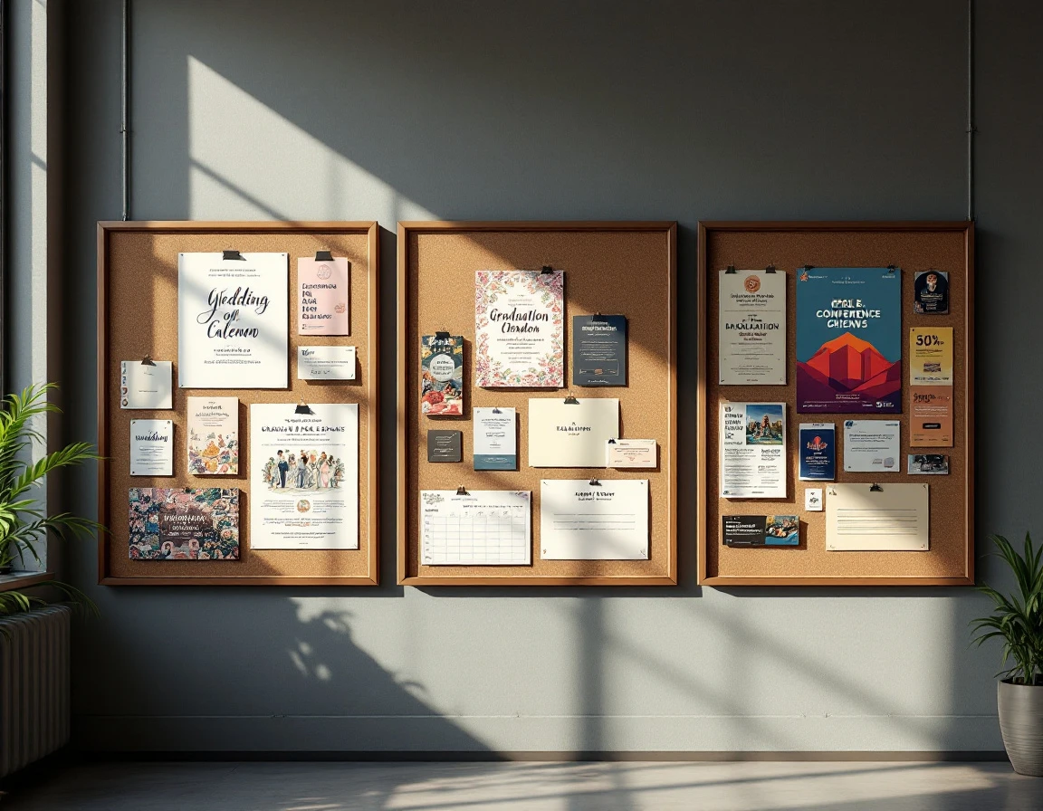 Three seasonal print marketing boards displaying wedding, graduation, and trade show flyer samples in natural light