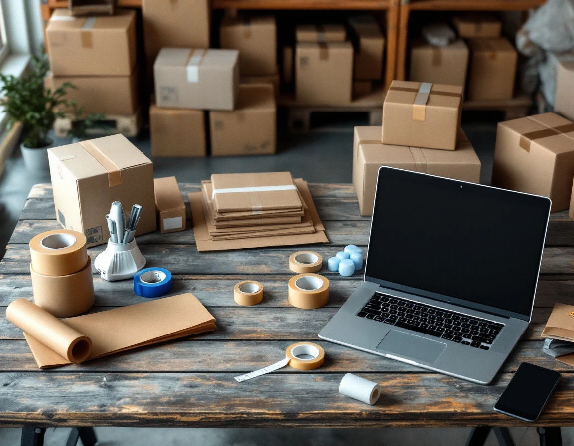 Shipping workspace with cardboard boxes, packing materials, and laptop on wooden desk with natural lighting