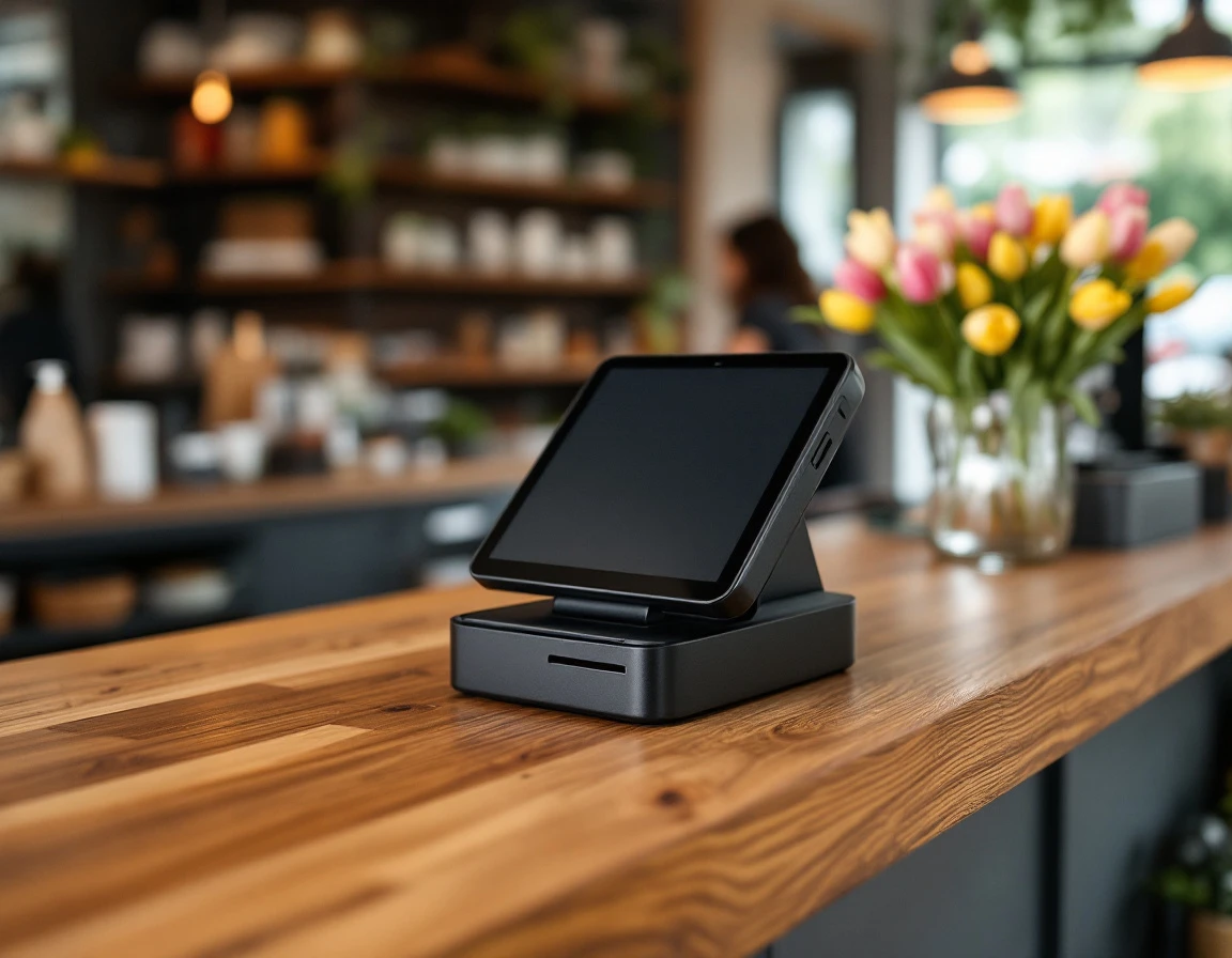 Modern retail payment terminal on wooden counter with soft natural lighting and selective focus