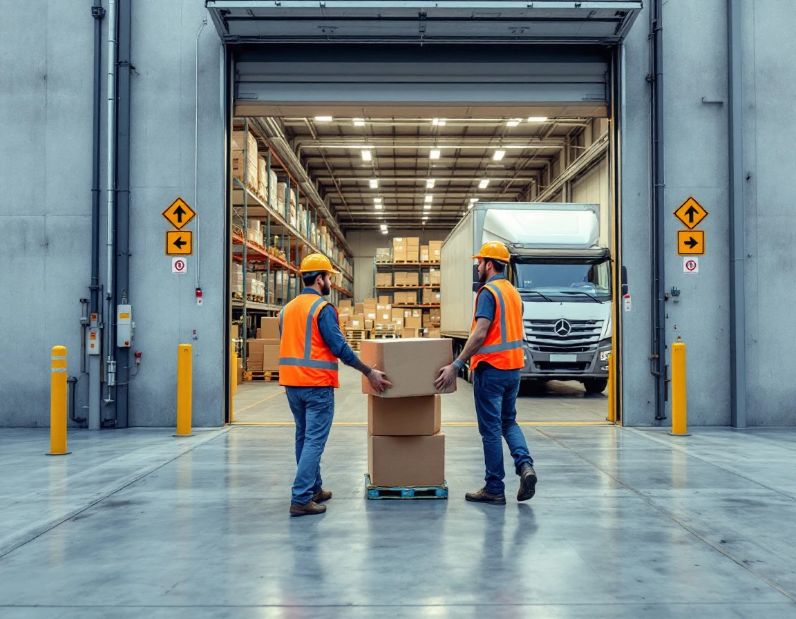 Warehouse workers loading international shipping boxes onto unmarked delivery truck at commercial dock