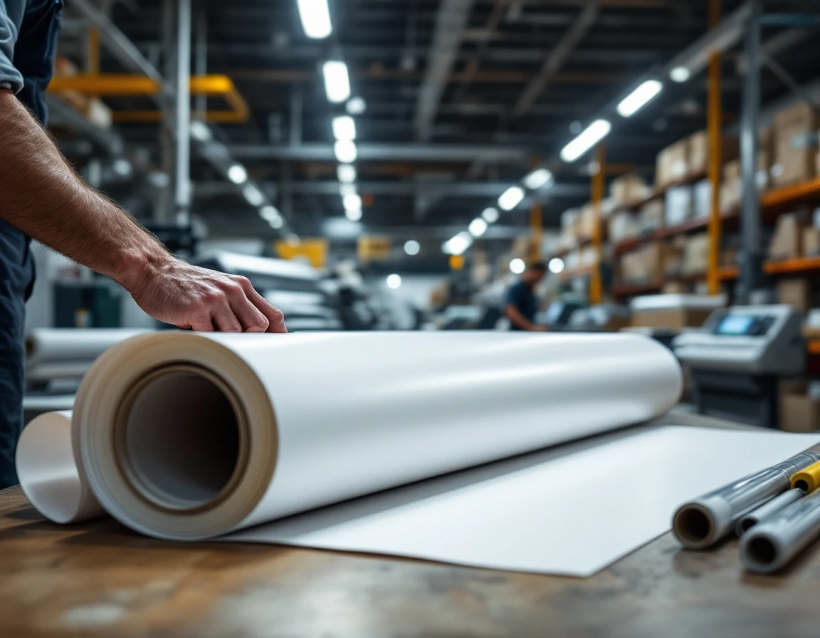 Print shop technician examining trade show banner materials on industrial work table under warehouse lighting