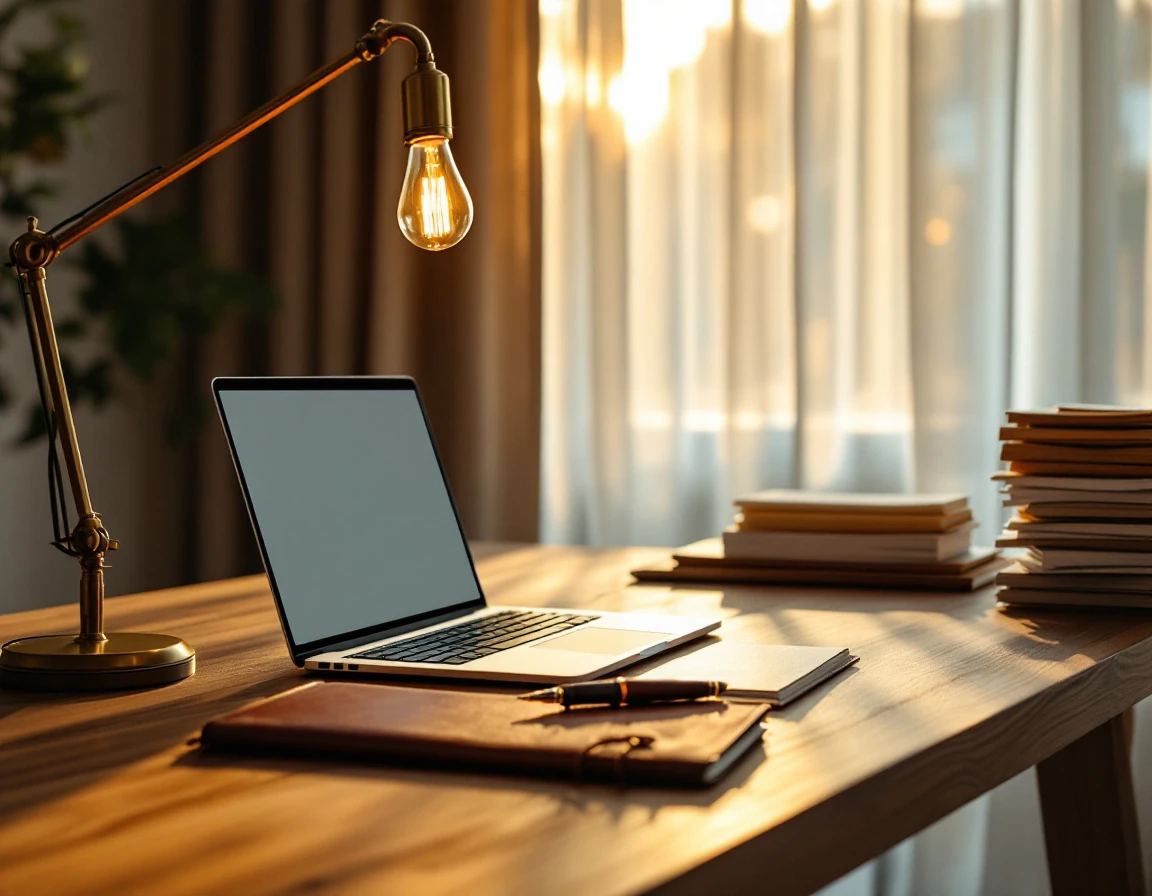 Home office desk with laptop, leather journal, and document folders bathed in natural window light