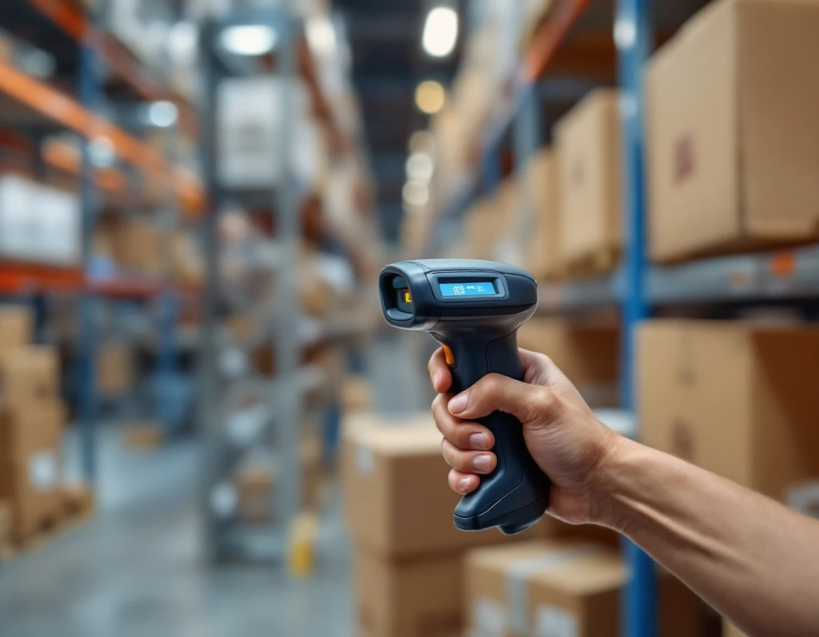Warehouse worker scanning inventory with handheld POS terminal in retail distribution center