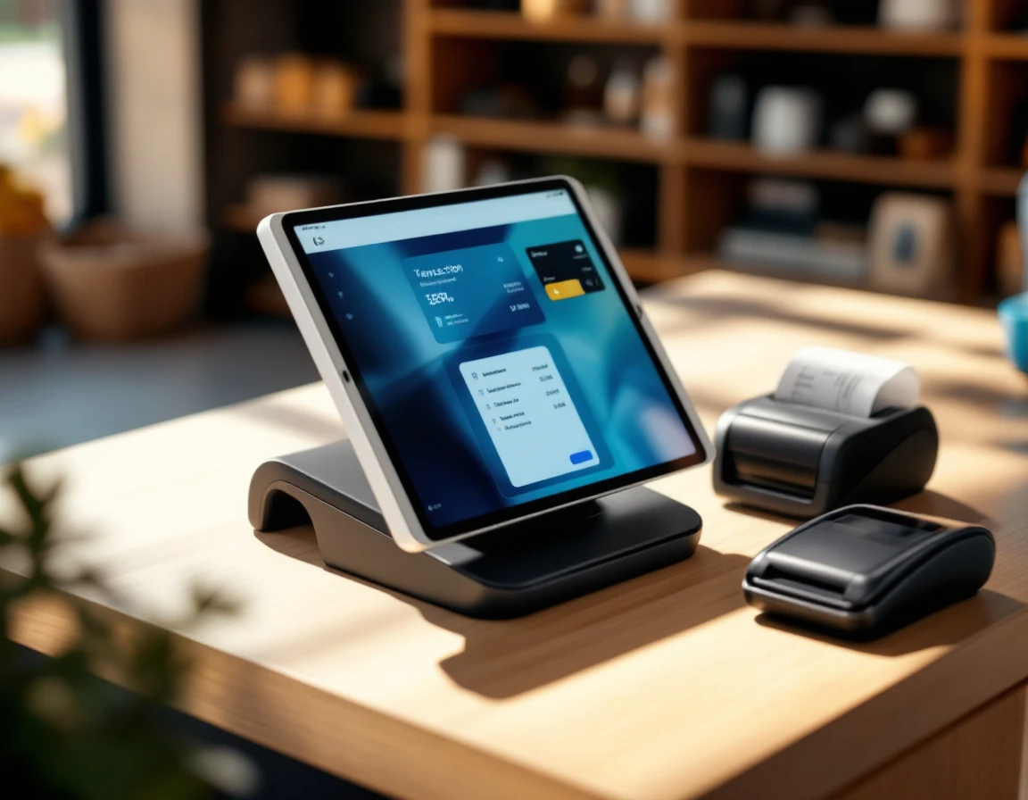 Modern POS terminal and tablet on retail counter with payment processing interface and thermal receipt printer