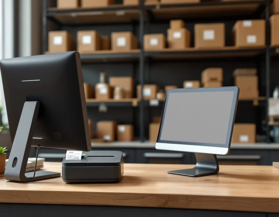 Modern POS terminal and receipt printer integrated on retail counter with shipping supplies visible in background