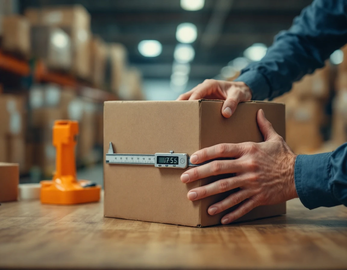 Warehouse worker measuring cardboard box dimensions with digital caliper on wooden work surface