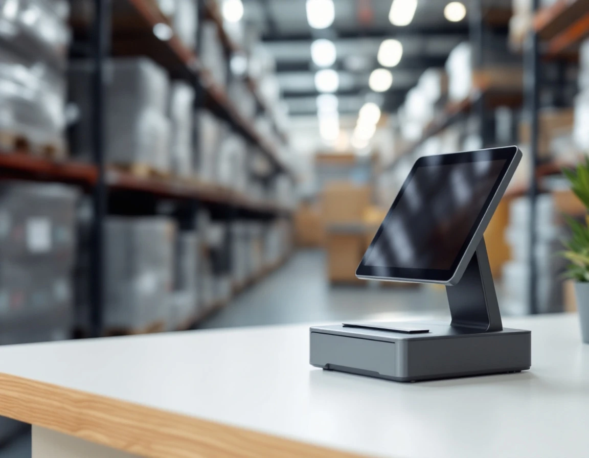 Modern POS terminal with barcode scanner on retail counter with blurred warehouse background
