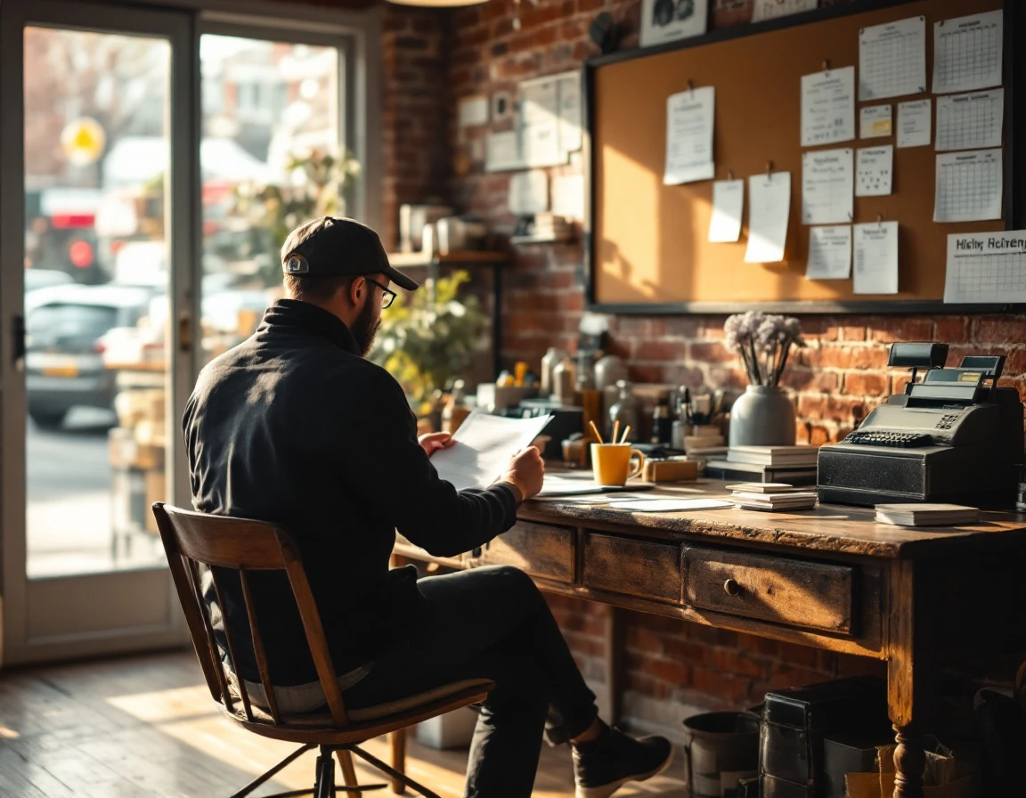 Shop owner reviewing applications at desk in small retail store during seasonal hiring preparation