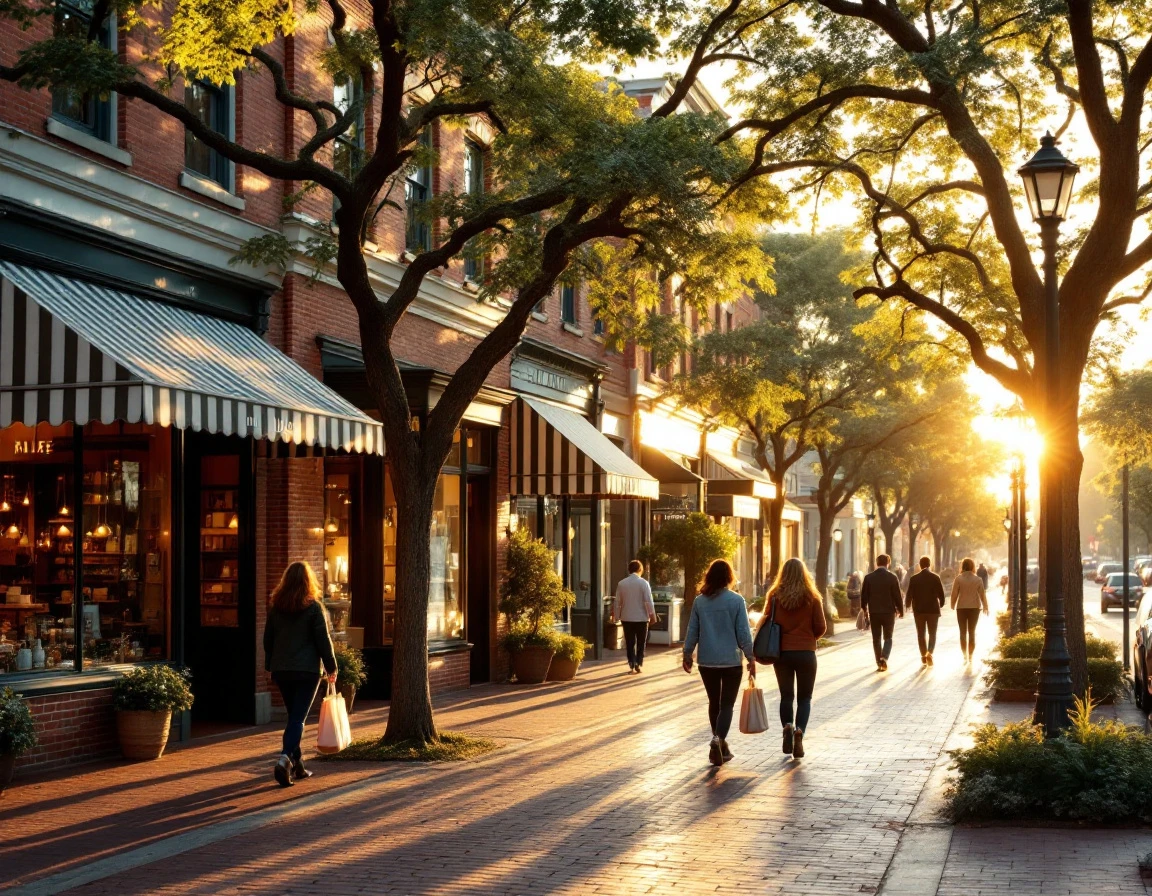 Small-town main street with brick storefronts and pedestrians during golden hour shopping time