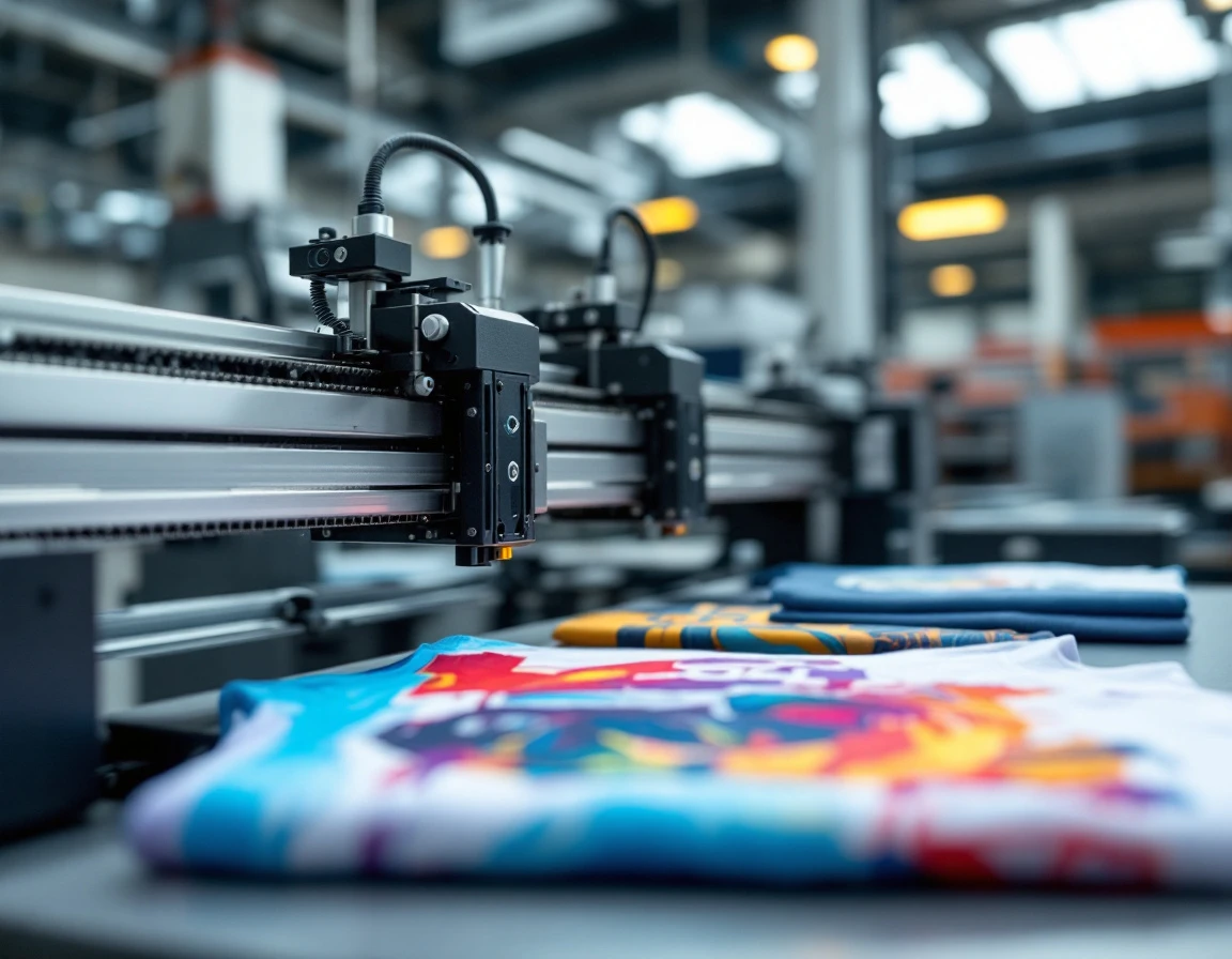 Direct-to-garment printer with printed custom t-shirt samples showing commercial printing quality
