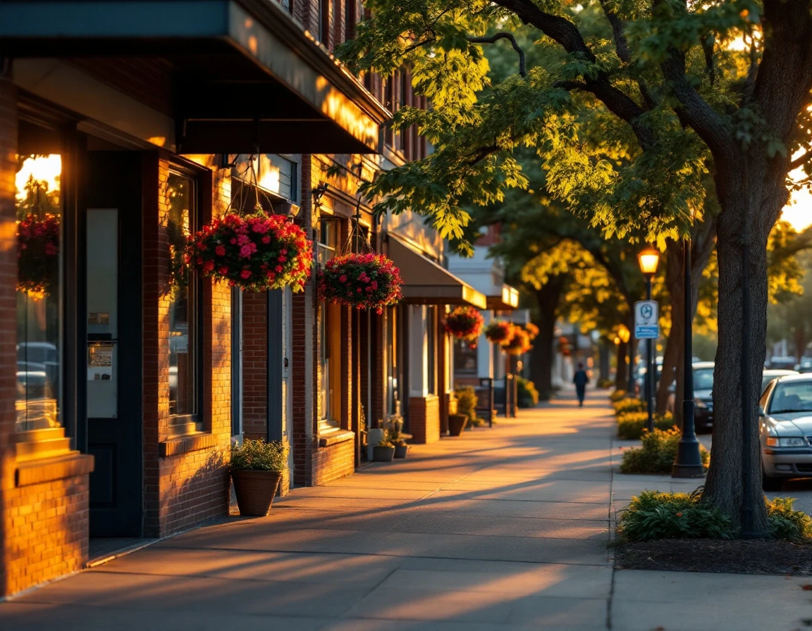 Empty main street storefront district during golden hour with brick buildings and tree-lined sidewalk