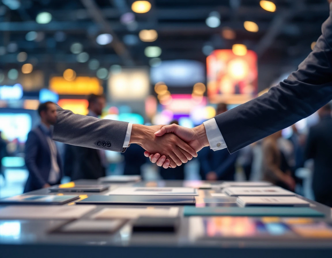 Business professionals exchanging contact information at printing industry trade show booth