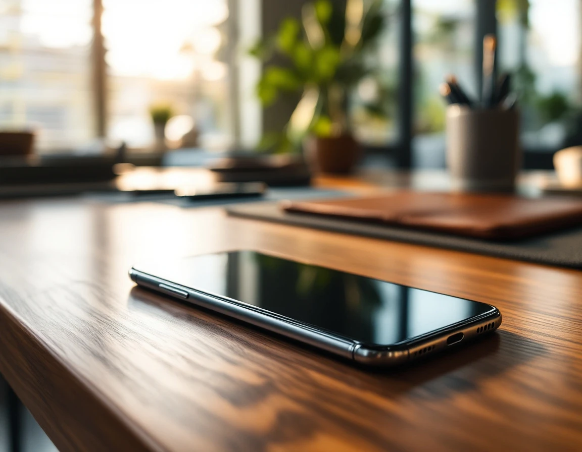 Smartphone on wooden desk in modern retail office with natural window lighting and shallow depth of field