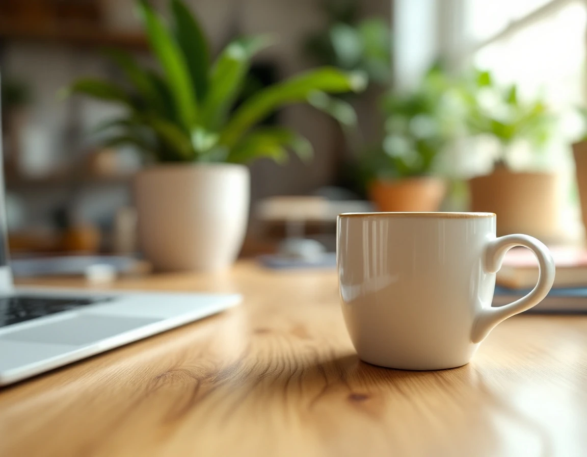 Coffee mug on wooden desk in home office workspace during summer hiring planning season