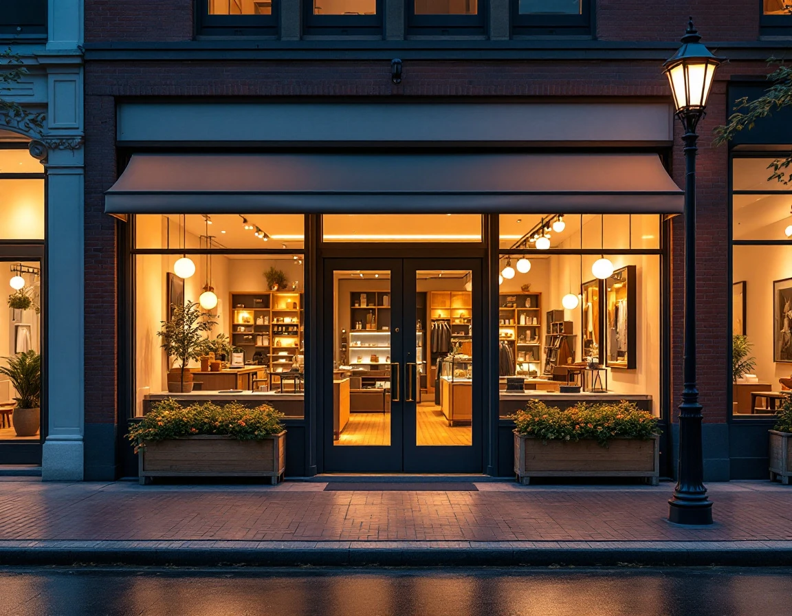 Modern retail storefront at twilight with warm interior lighting and clean architectural design