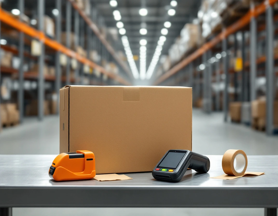 Warehouse packing station with cardboard box and scanner device on metal workbench with industrial shelving behind