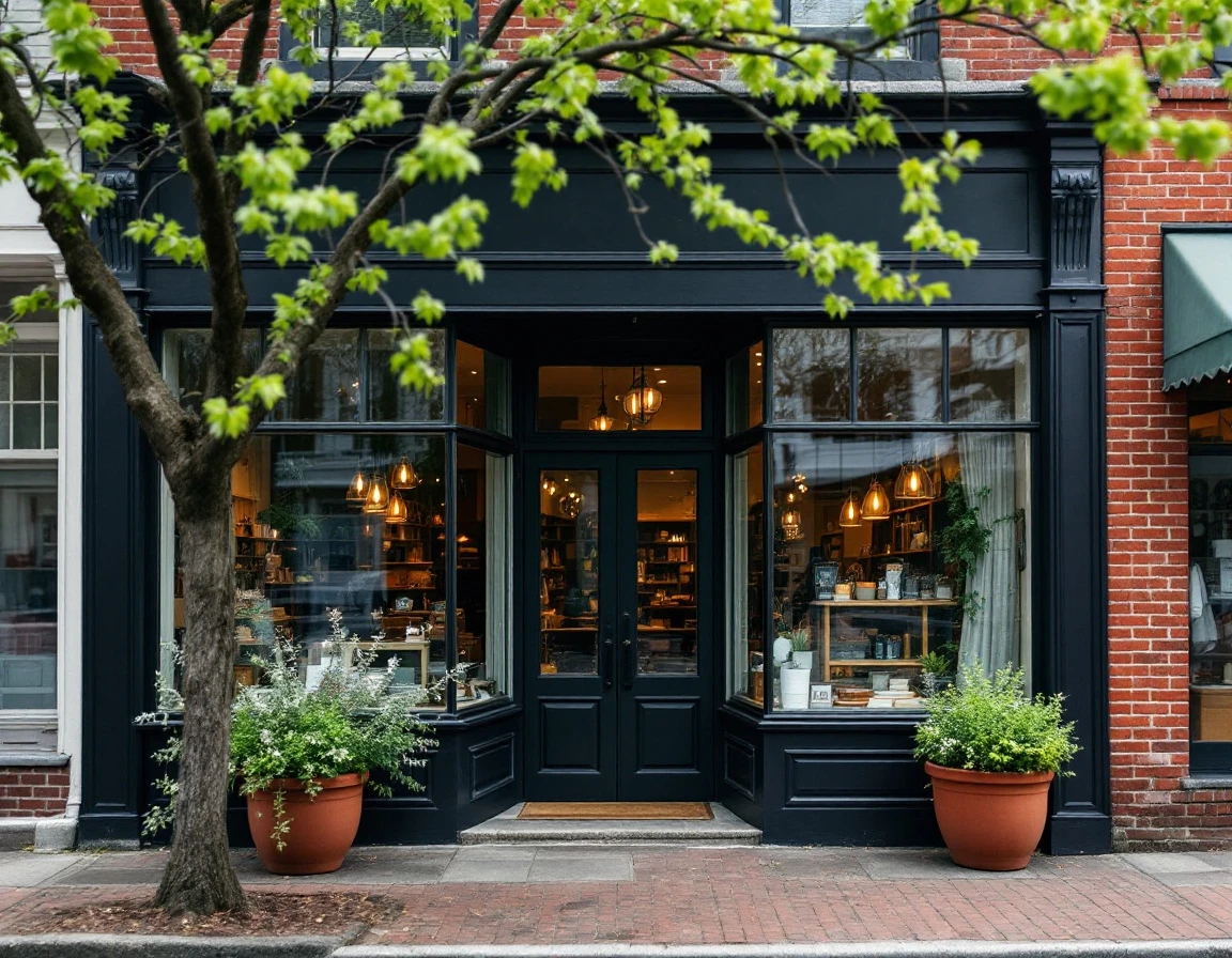 Small-town retail storefront with brick facade and dark windows in quiet New England business district