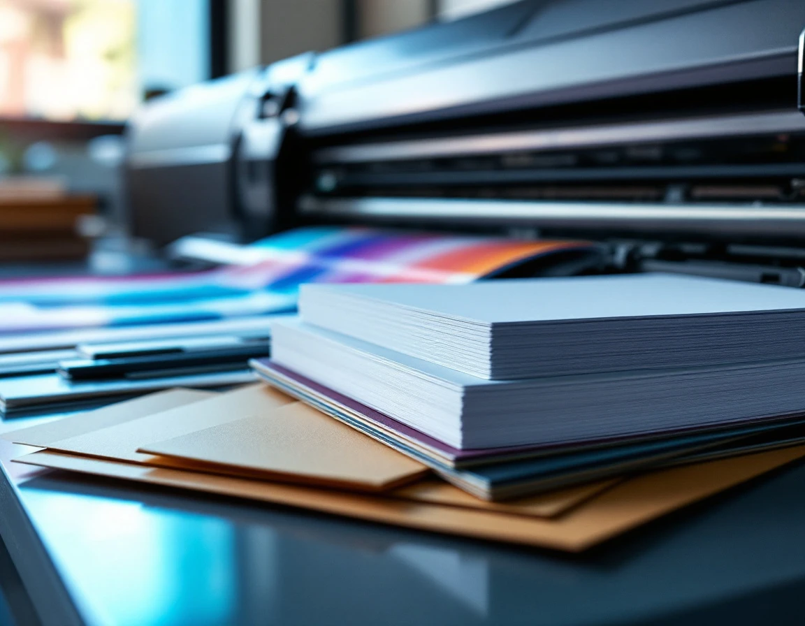 Print shop workspace with paper samples, color swatches, and commercial printing equipment under natural light