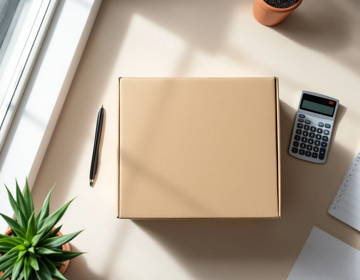 Clean shipping workspace with unmarked cardboard box, calculator, and minimal desk accessories under natural light
