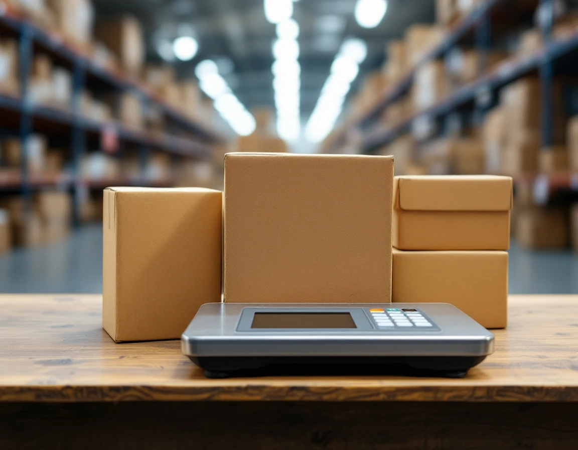 Shipping scale and cardboard boxes on warehouse desk showing measurement equipment used in pack-and-ship operations
